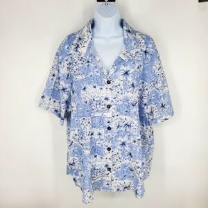 Vintage Tapestry Womens 20W Short Sleeve Button Up Shirt Floral Blue White